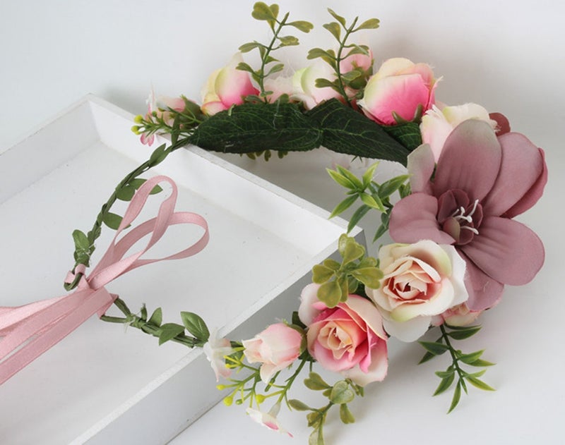 Vivivalue Women Flower Crown Bridal Flower Headband Hair Wreath Floral Headpiece Halo Boho with Ribbon Wedding Party Festival Photos Pink - Image 2